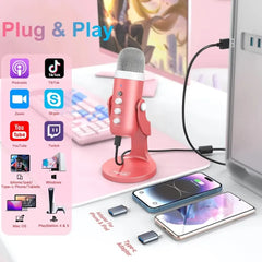 2025 USB Condenser Microphone Pink Studio Recording Mic for PC Mac Phone Gaming Pink Microphone