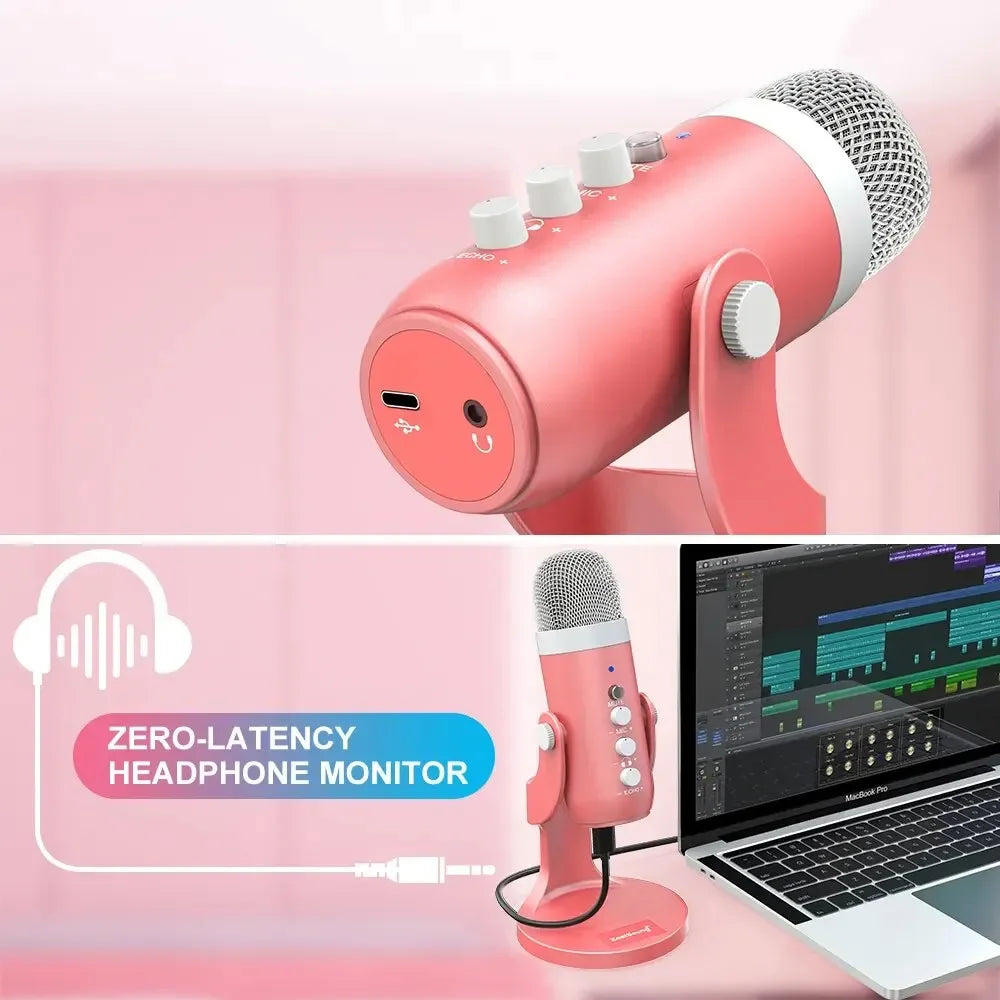 2025 USB Condenser Microphone Pink Studio Recording Mic for PC Mac Phone Gaming Pink Microphone