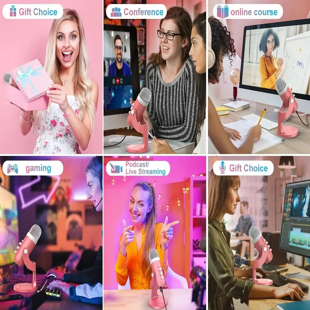 2025 USB Condenser Microphone Pink Studio Recording Mic for PC Mac Phone Gaming Pink Microphone