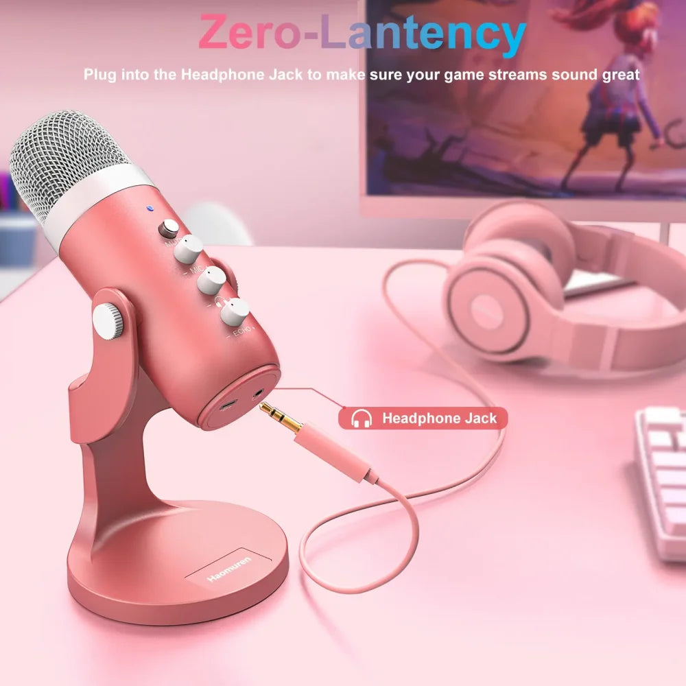 2025 USB Condenser Microphone Pink Studio Recording Mic for PC Mac Phone Gaming Pink Microphone