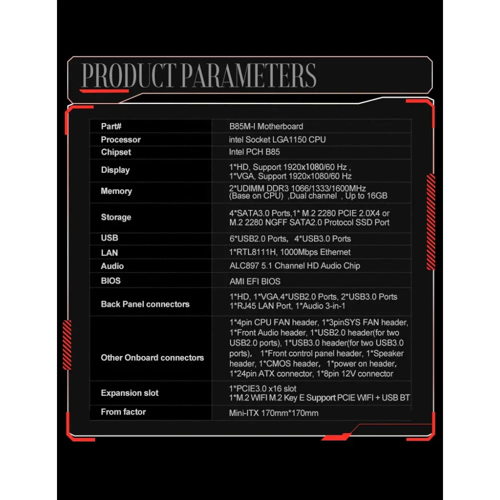 B85M-I Intel LGA1150 ITX Gaming Motherboard DDR3 NVMe M.2 WiFi USB3.0 1000Mbps B85M-I / LGA1150 Motherboard