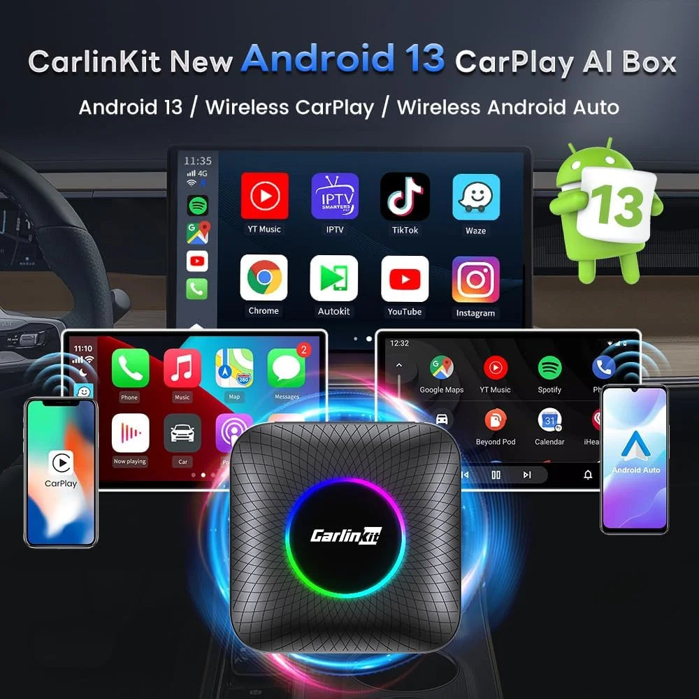 CarlinKit Android 13 Wireless CarPlay AI Box Android Auto LED Multimedia Player Apple CarPlay & Android Auto