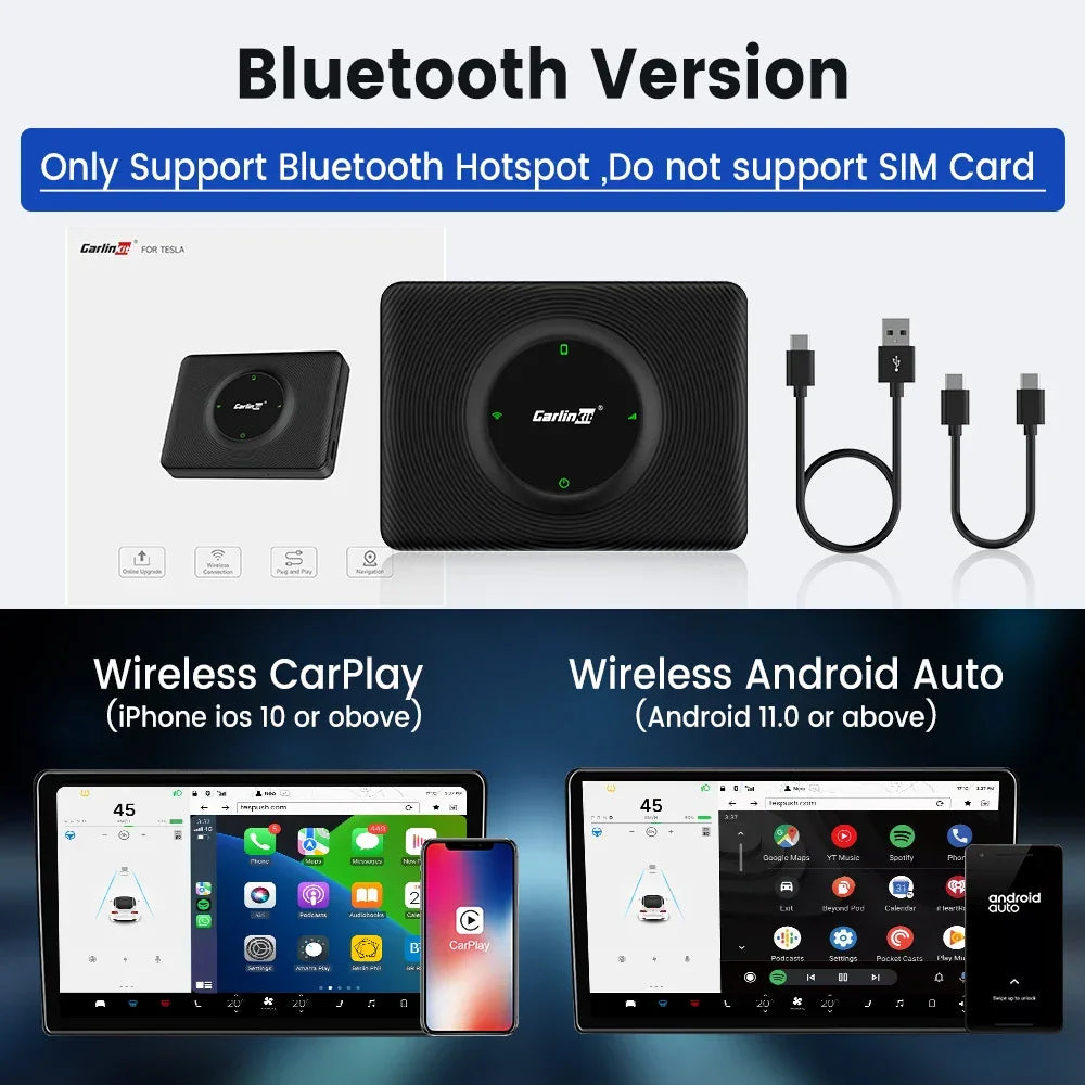 CarlinKit T2C Wireless CarPlay Android Auto Adapter Tesla Model 3/Y/X/S Upgrade CarPlay and Auto Apple CarPlay &