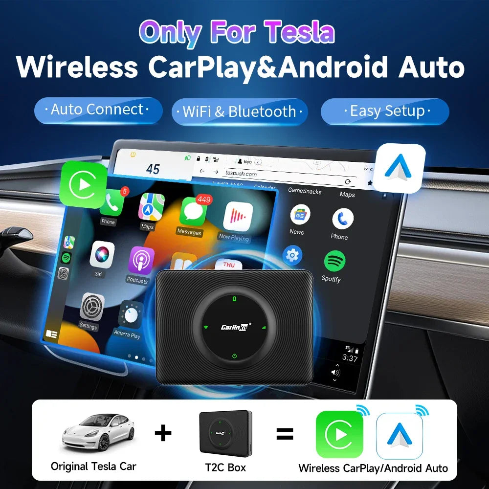 CarlinKit T2C Wireless CarPlay Android Auto Adapter Tesla Model 3/Y/X/S Upgrade CarPlay and Auto Apple CarPlay &