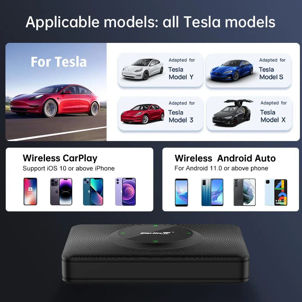 CarlinKit T2C Wireless CarPlay Android Auto Adapter Tesla Model 3/Y/X/S Upgrade CarPlay and Auto Apple CarPlay &