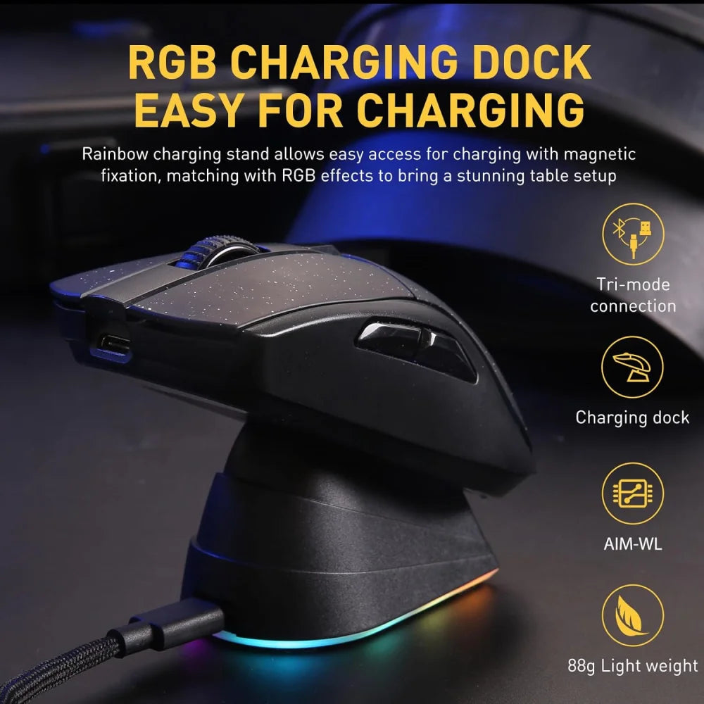 DAREU A950 Black Wireless Tri-Mode Gaming Mouse 12000 DPI with RGB Charging Dock Black Mouse
