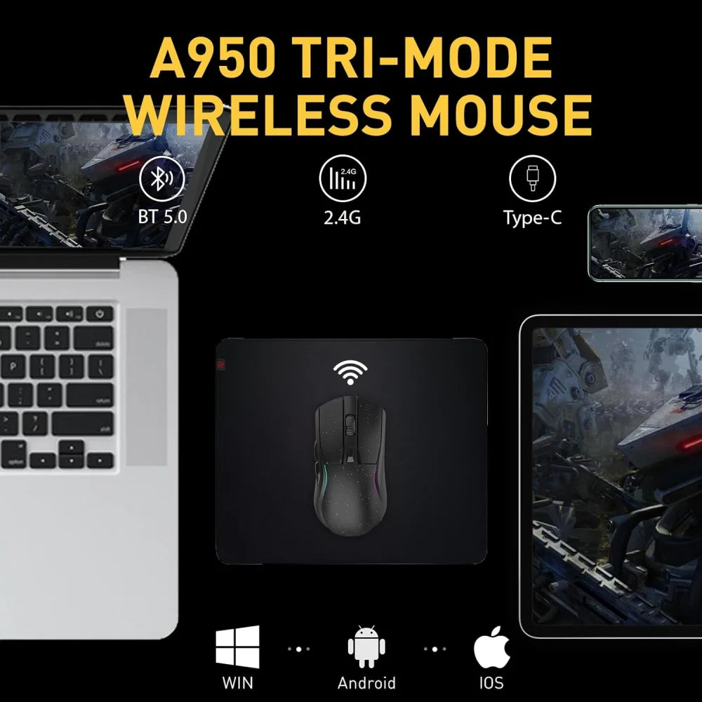 DAREU A950 Black Wireless Tri-Mode Gaming Mouse 12000 DPI with RGB Charging Dock Black Mouse