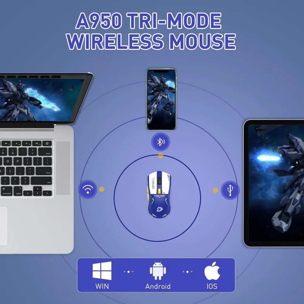 DAREU A950 Blue Wireless Tri-Mode Gaming Mouse 12000 DPI with RGB Charging Dock Blue Mouse