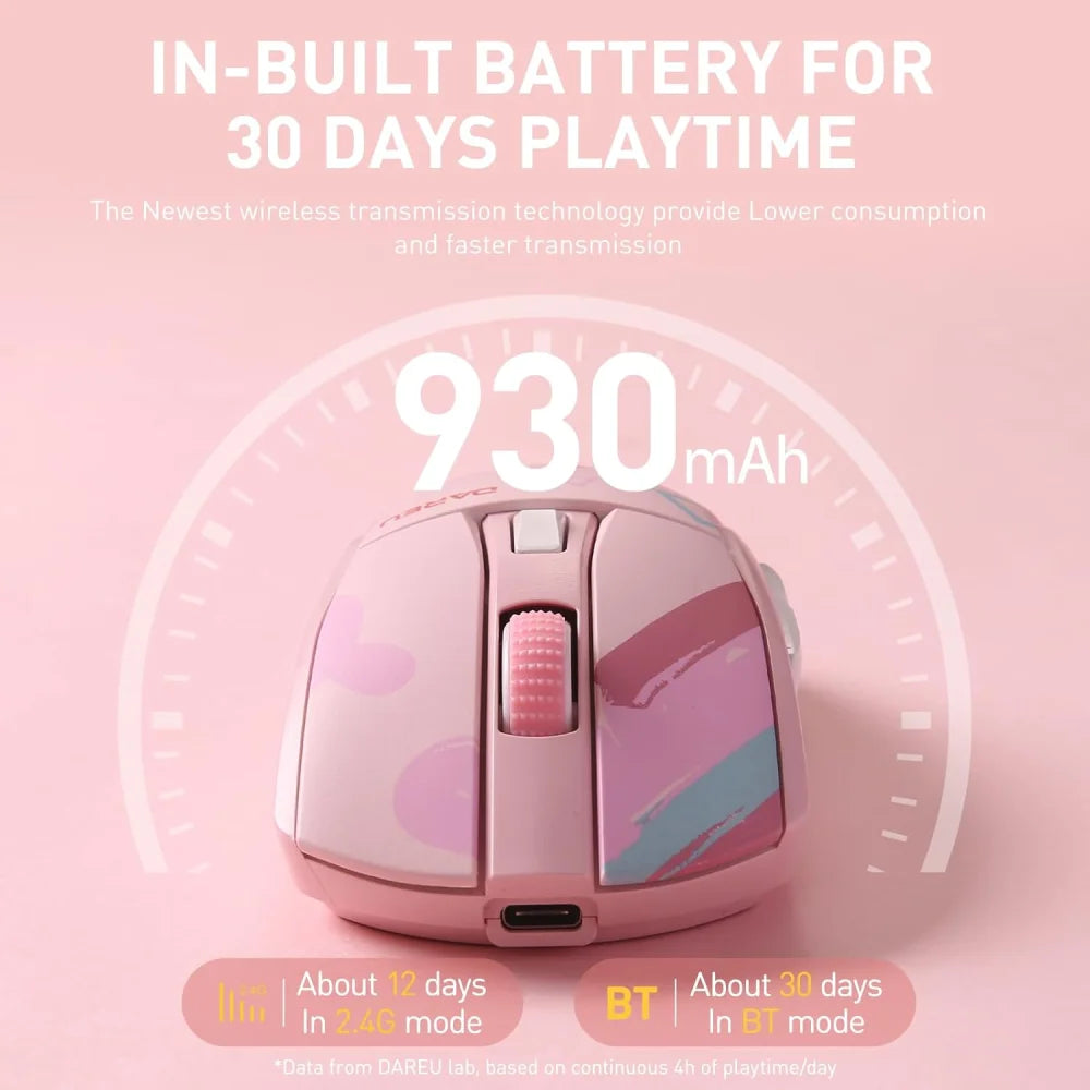 DAREU A950 Pink Wireless Tri-Mode Gaming Mouse 12000 DPI with RGB Charging Dock Pink Mouse