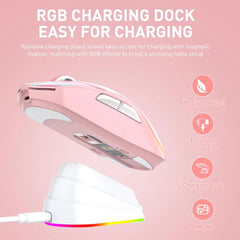 DAREU A950 Pink Wireless Tri-Mode Gaming Mouse 12000 DPI with RGB Charging Dock Pink Mouse