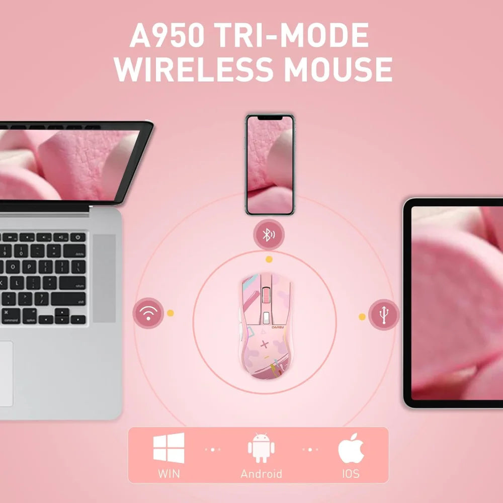 DAREU A950 Pink Wireless Tri-Mode Gaming Mouse 12000 DPI with RGB Charging Dock Pink Mouse