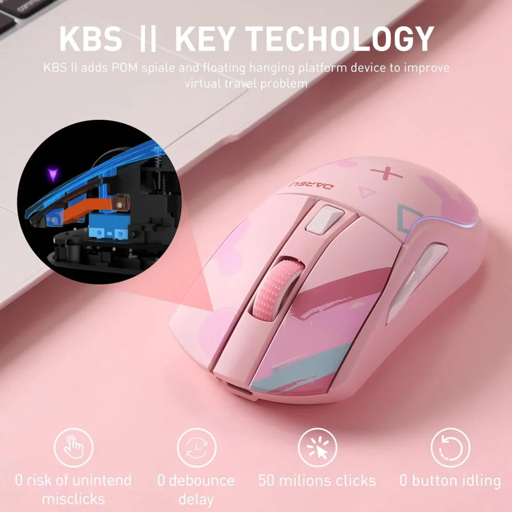 DAREU A950 Pink Wireless Tri-Mode Gaming Mouse 12000 DPI with RGB Charging Dock Pink Mouse