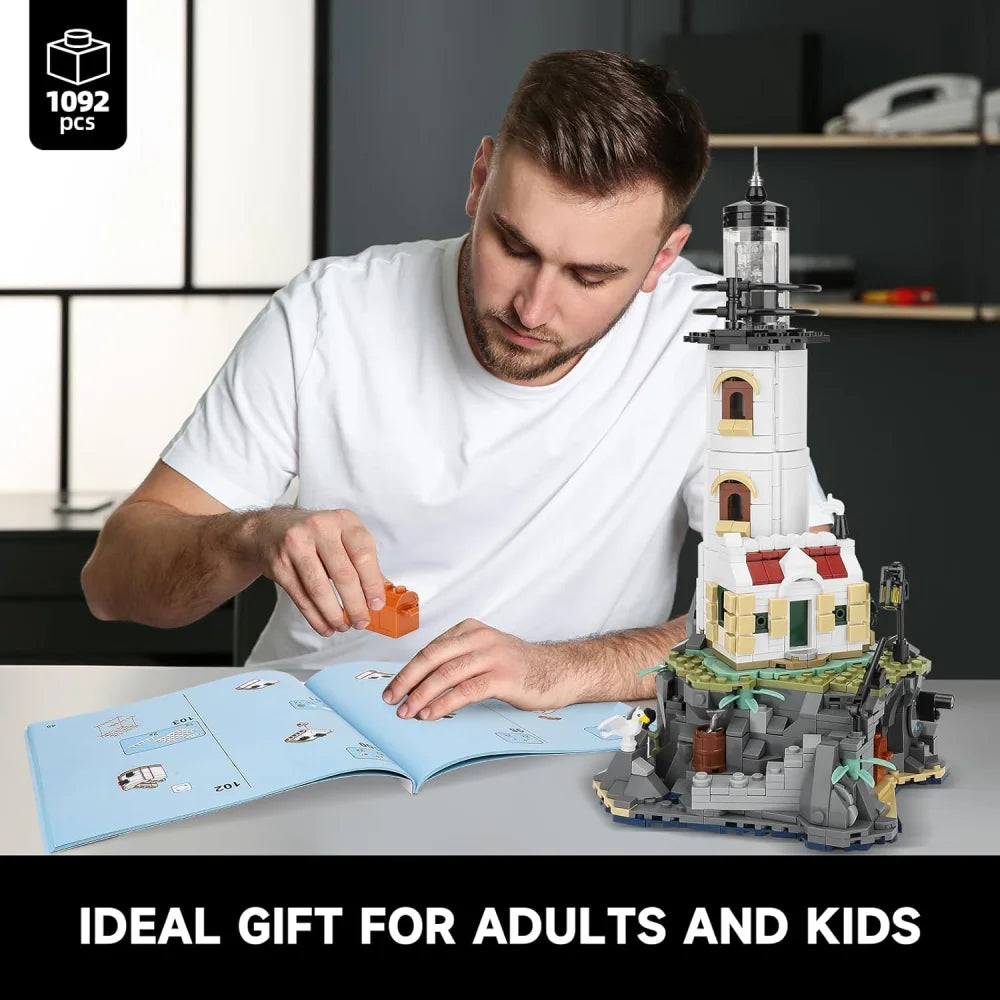 Electric Lighthouse Building Blocks Fisherman’s Hut 1092PCS Assembly MOC Model Lighthouse Building Blocks