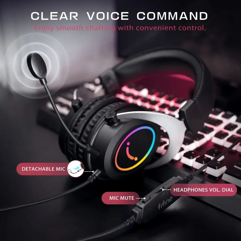 FIFINE Dynamic RGB Gaming Headset with Microphone LED for PC Laptop PS4 PS5 Xbox Black Headphones