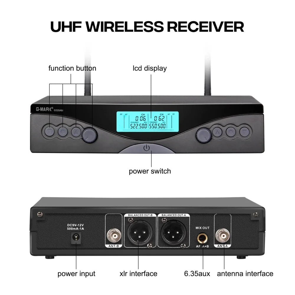 G-MARK Professional Wireless Microphone Dual Channel UHF Cordless Handheld 100M Black Microphone