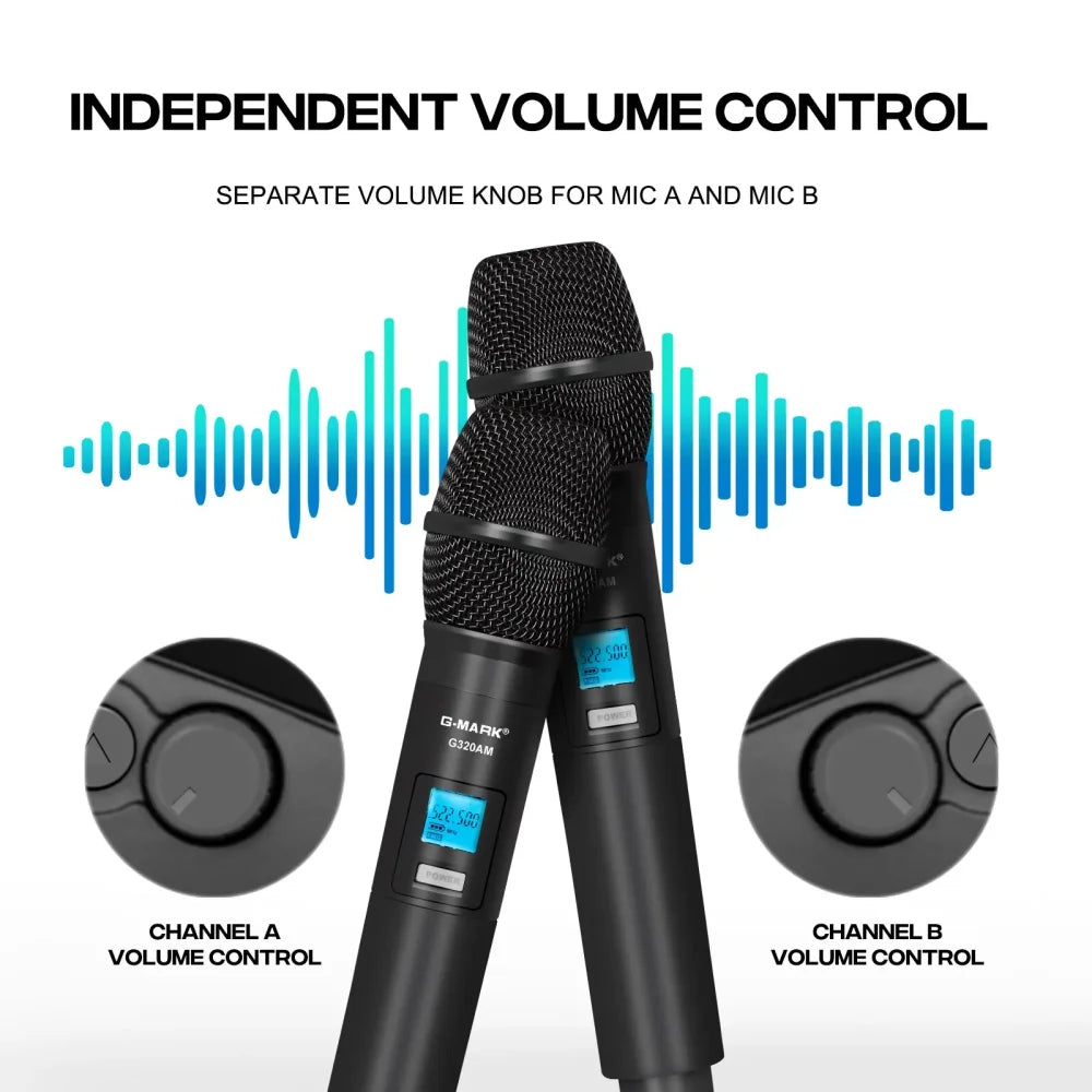 G-MARK Professional Wireless Microphone Dual Channel UHF Cordless Handheld 100M Black Microphone