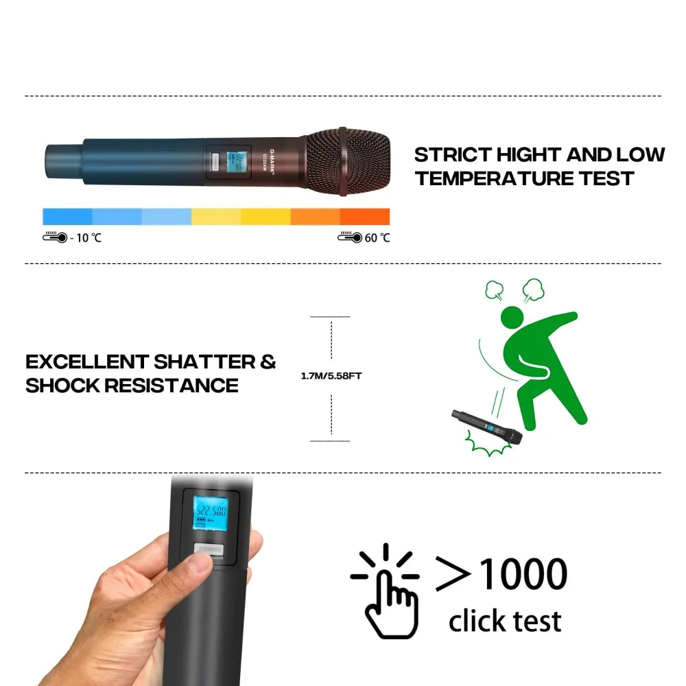 G-MARK Professional Wireless Microphone Dual Channel UHF Cordless Handheld 100M Black Microphone