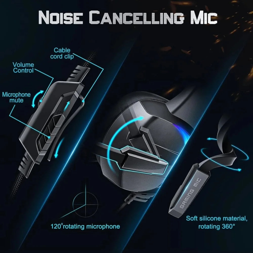 Gaming Headset with Noise Cancelling Mic LED Backlit for Xbox One PS4 & PC Mac Black Headphones