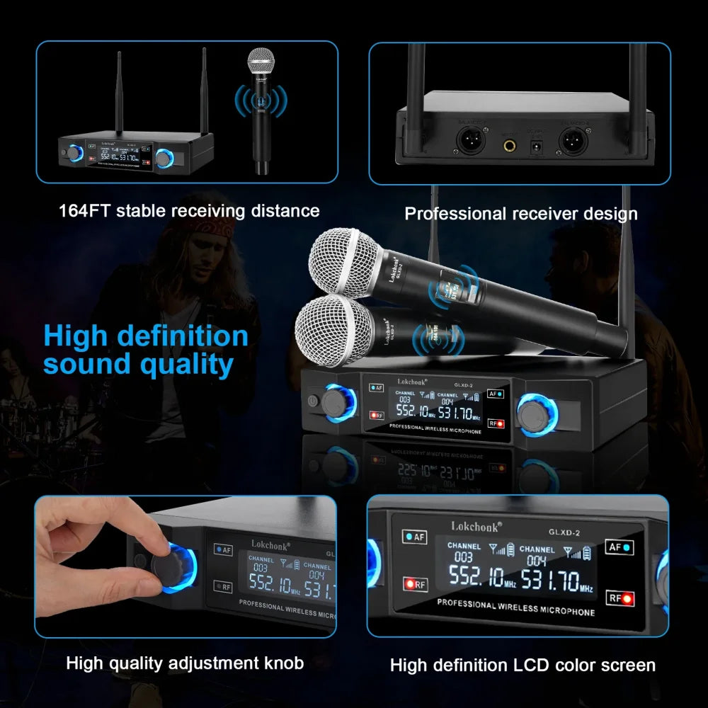 GLXD2 Professional Wireless Microphone Dual Channel UHF Cordless Handheld UK Black Microphone