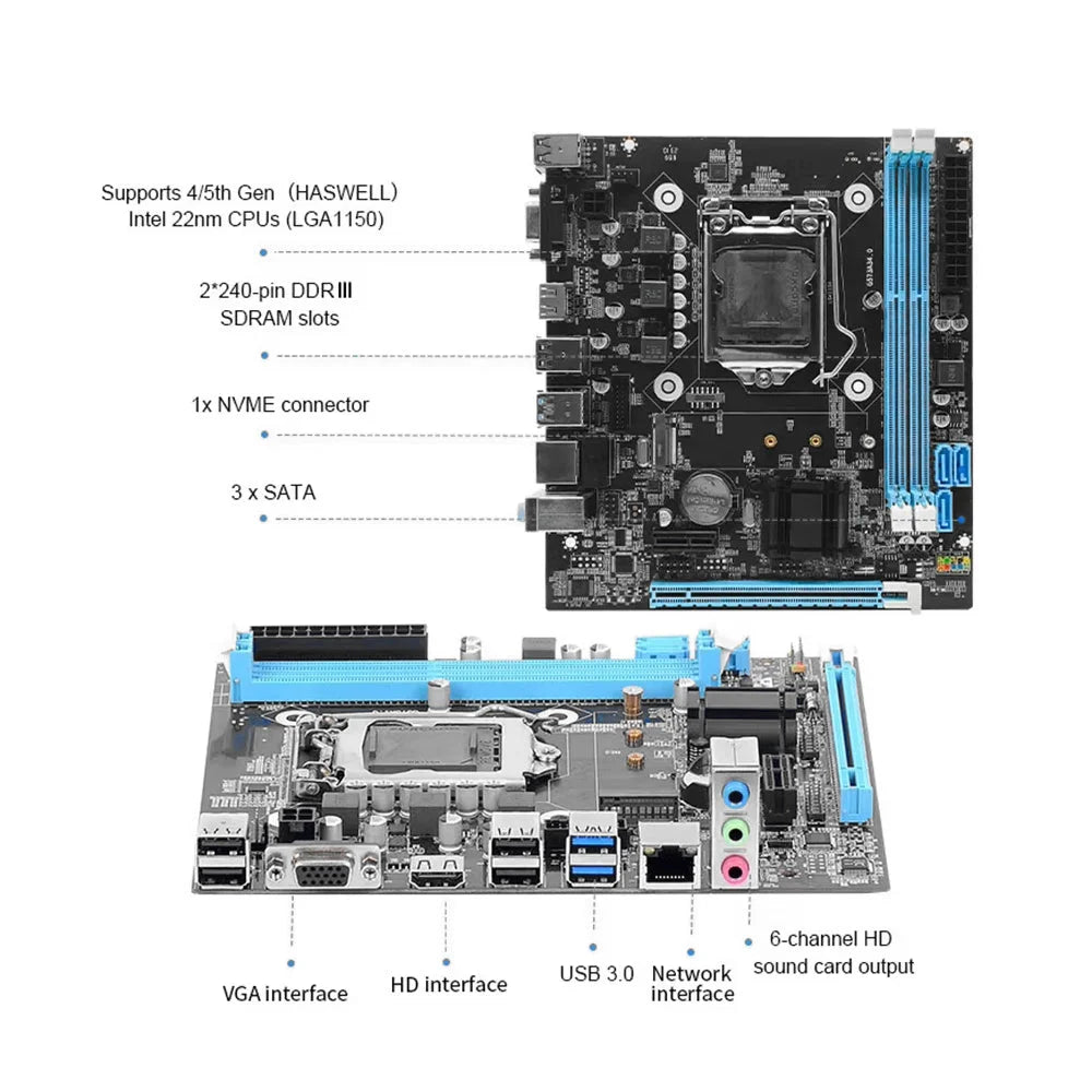 H81 Intel LGA1150 Gaming Motherboard DDR3 NVMe 2.0 VGA HDMI for i3 i5 i7 CPUs H81 LGA1150 Motherboard