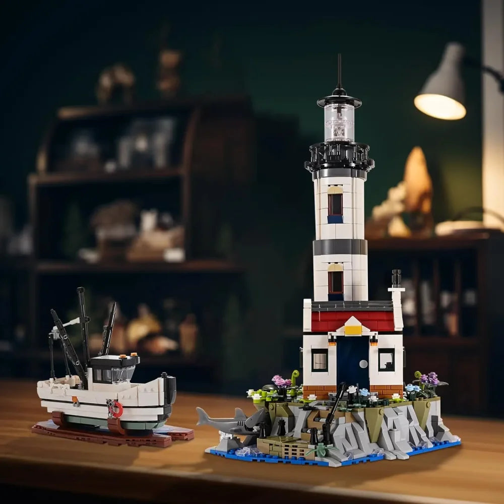 Motorised Lighthouse Building Blocks Set Fisherman Rescue Boats Lighthouse Model Motorised Lighthouse Building Blocks