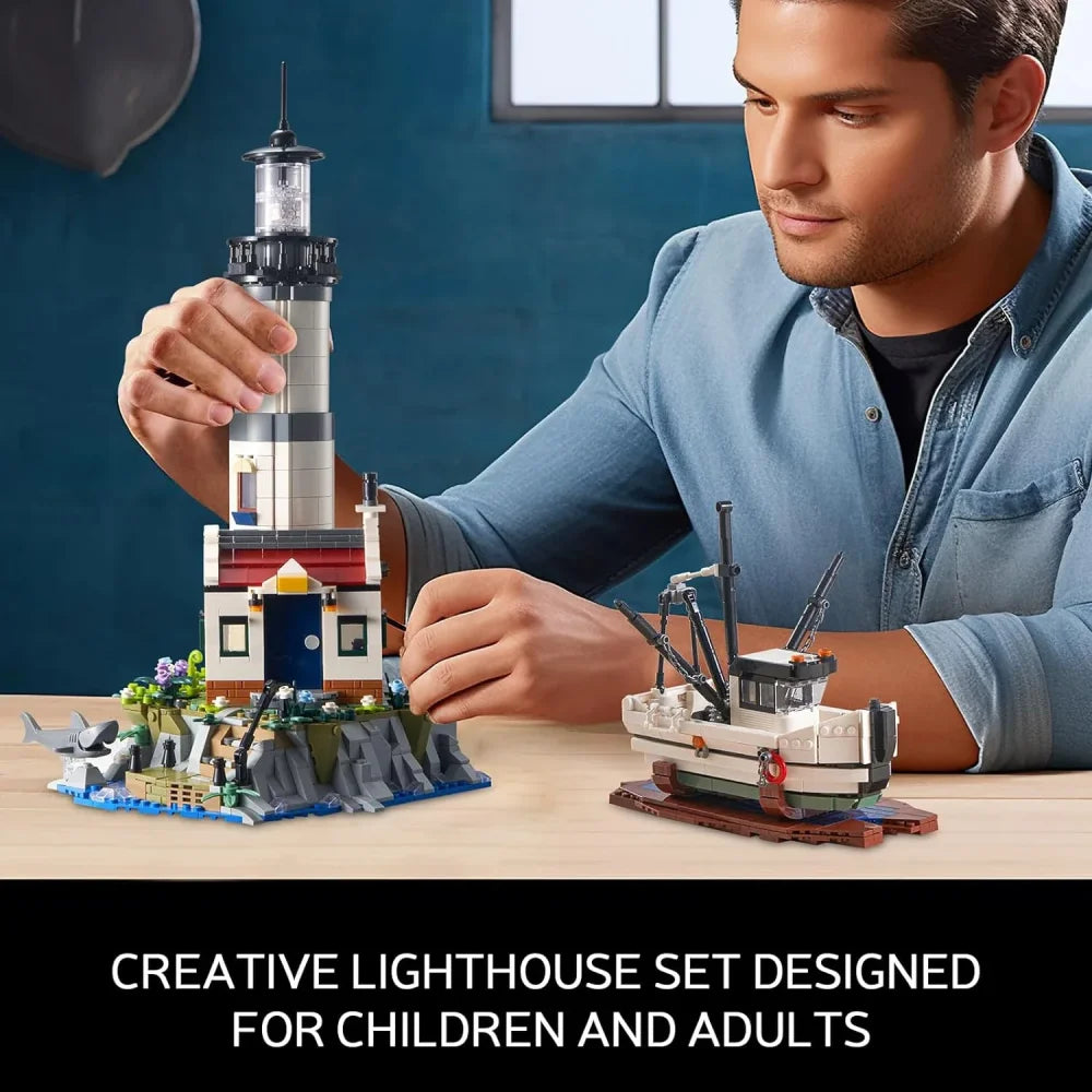 Motorised Lighthouse Building Blocks Set Fisherman Rescue Boats Lighthouse Model Motorised Lighthouse Building Blocks