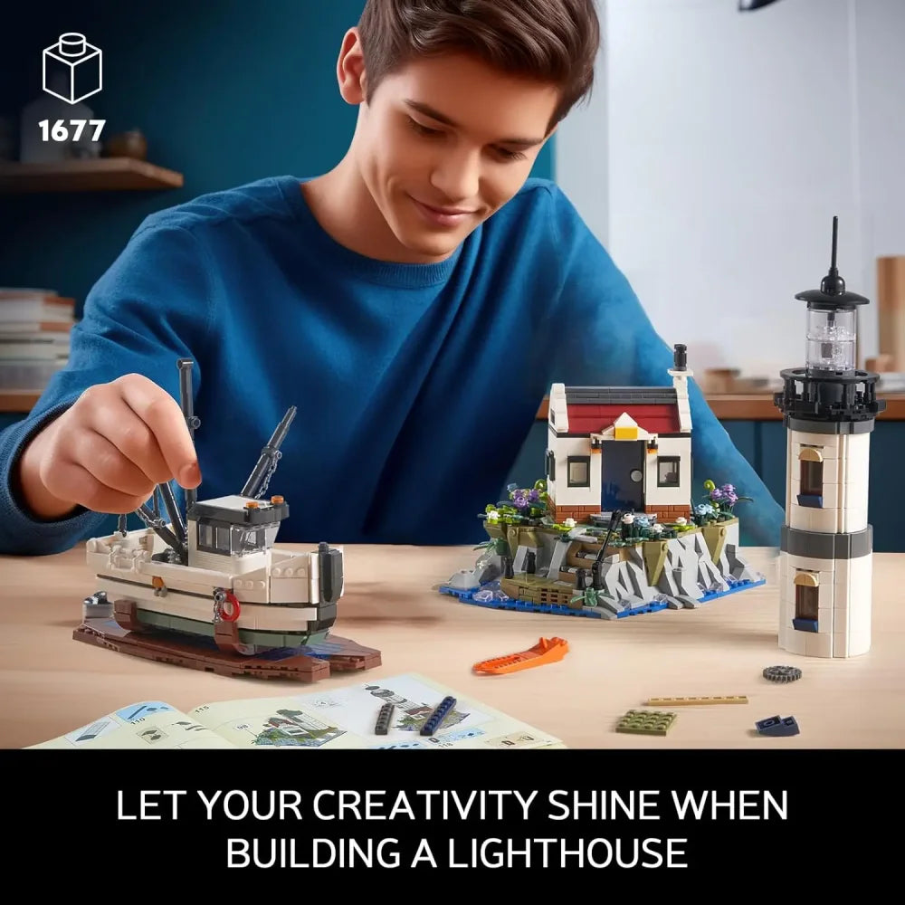 Motorised Lighthouse Building Blocks Set Fisherman Rescue Boats Lighthouse Model Motorised Lighthouse Building Blocks