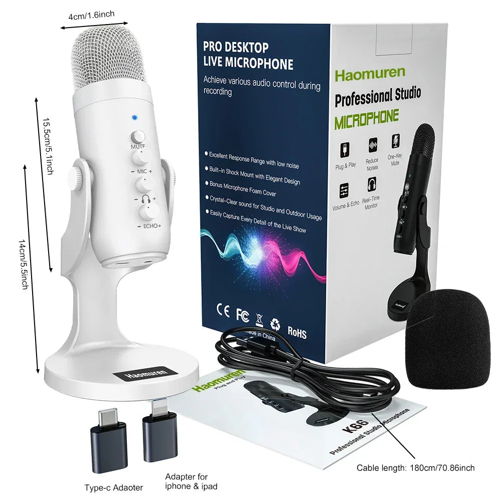 Pro White USB Condenser Microphone Studio Recording Mic for PC Mac Phone Gaming White Microphone