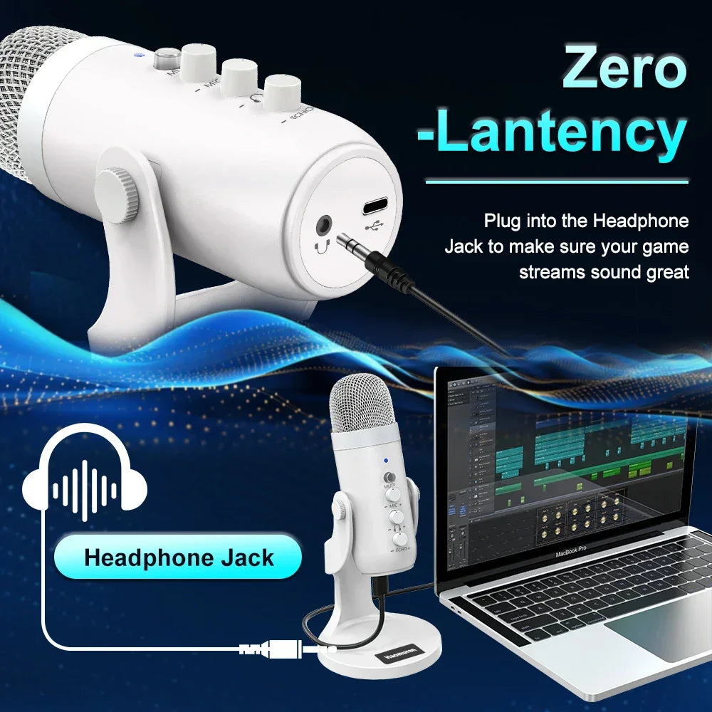 Pro White USB Condenser Microphone Studio Recording Mic for PC Mac Phone Gaming White Microphone