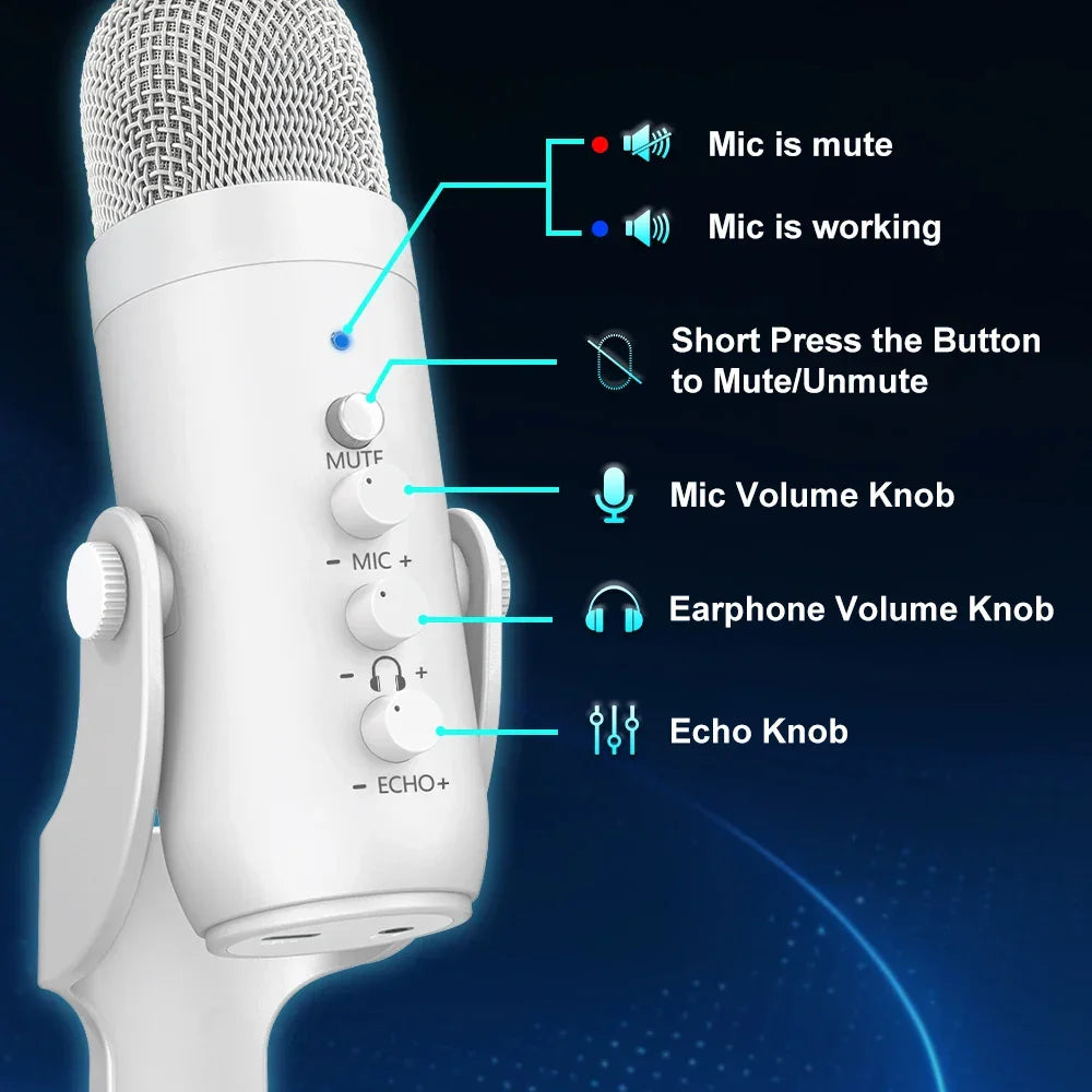 Pro White USB Condenser Microphone Studio Recording Mic for PC Mac Phone Gaming White Microphone