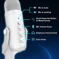 Pro White USB Condenser Microphone Studio Recording Mic for PC Mac Phone Gaming White Microphone