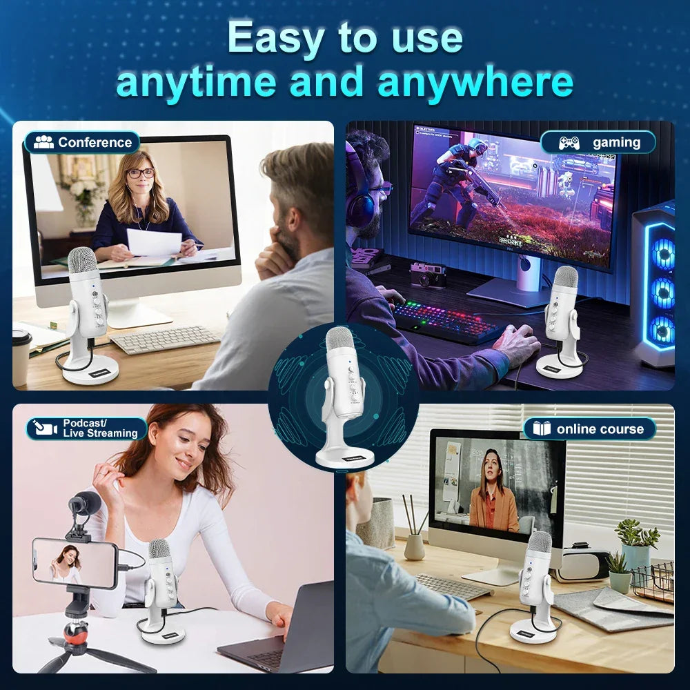 Pro White USB Condenser Microphone Studio Recording Mic for PC Mac Phone Gaming White Microphone