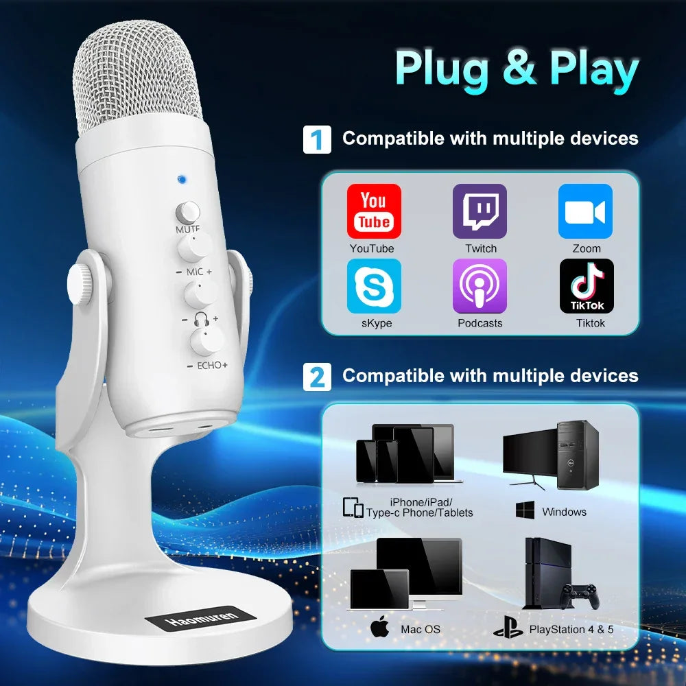 Pro White USB Condenser Microphone Studio Recording Mic for PC Mac Phone Gaming White Microphone