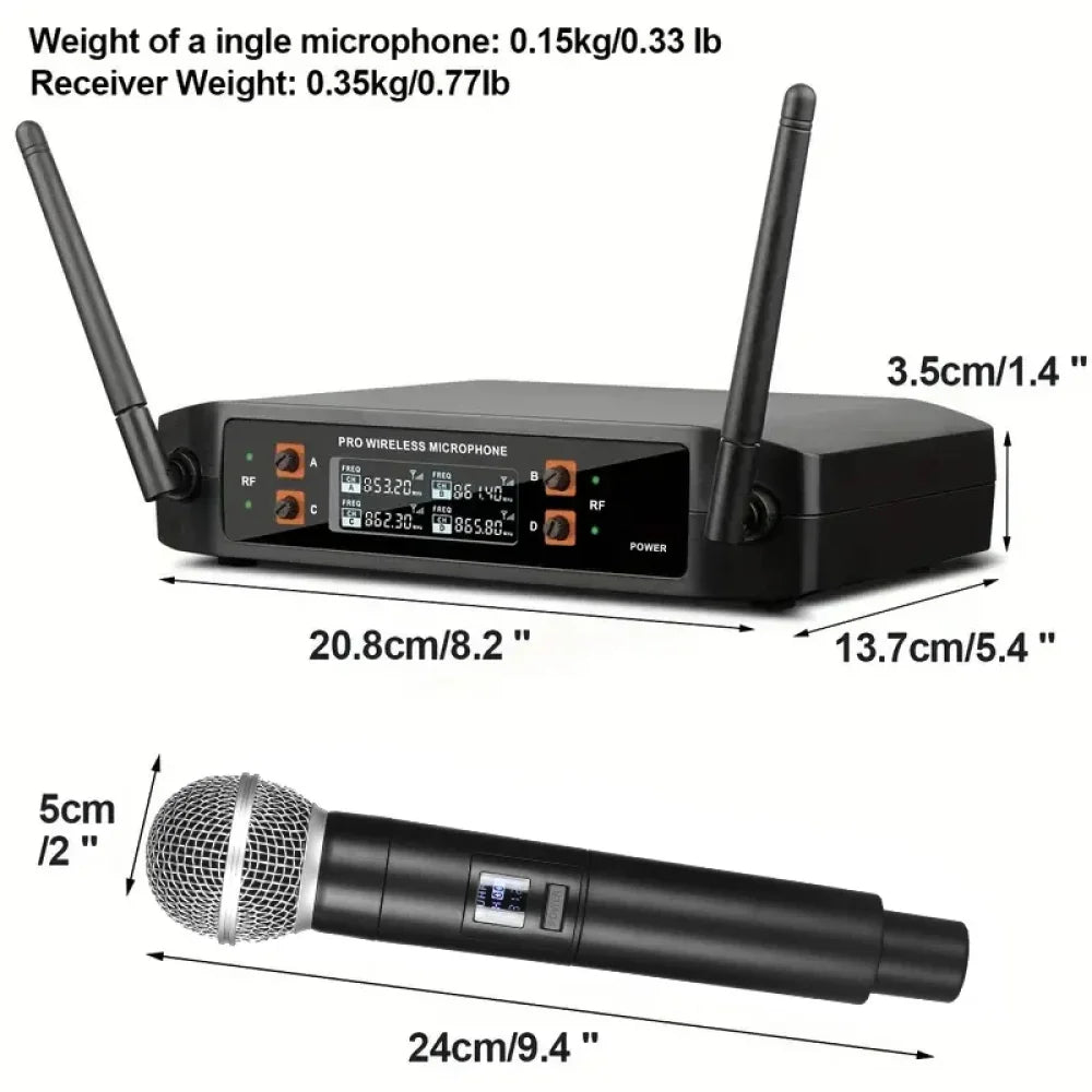 Professional 4 Channel UHF Wireless 4 Microphone Mic System Cordless Handheld UK Black Microphone