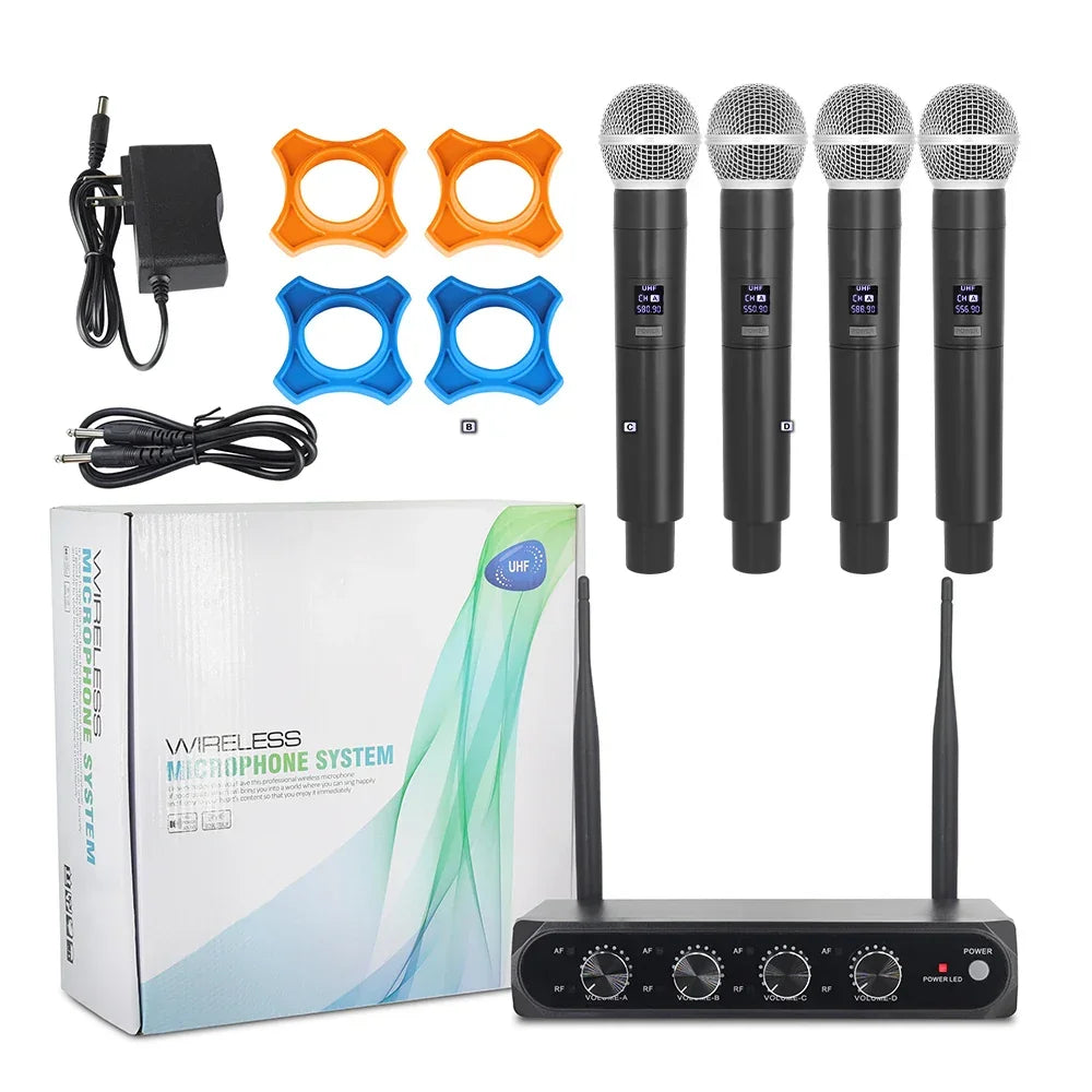 Professional 4 Channel UHF Wireless 4 Microphone Mic System Cordless Handheld UK Black Microphone