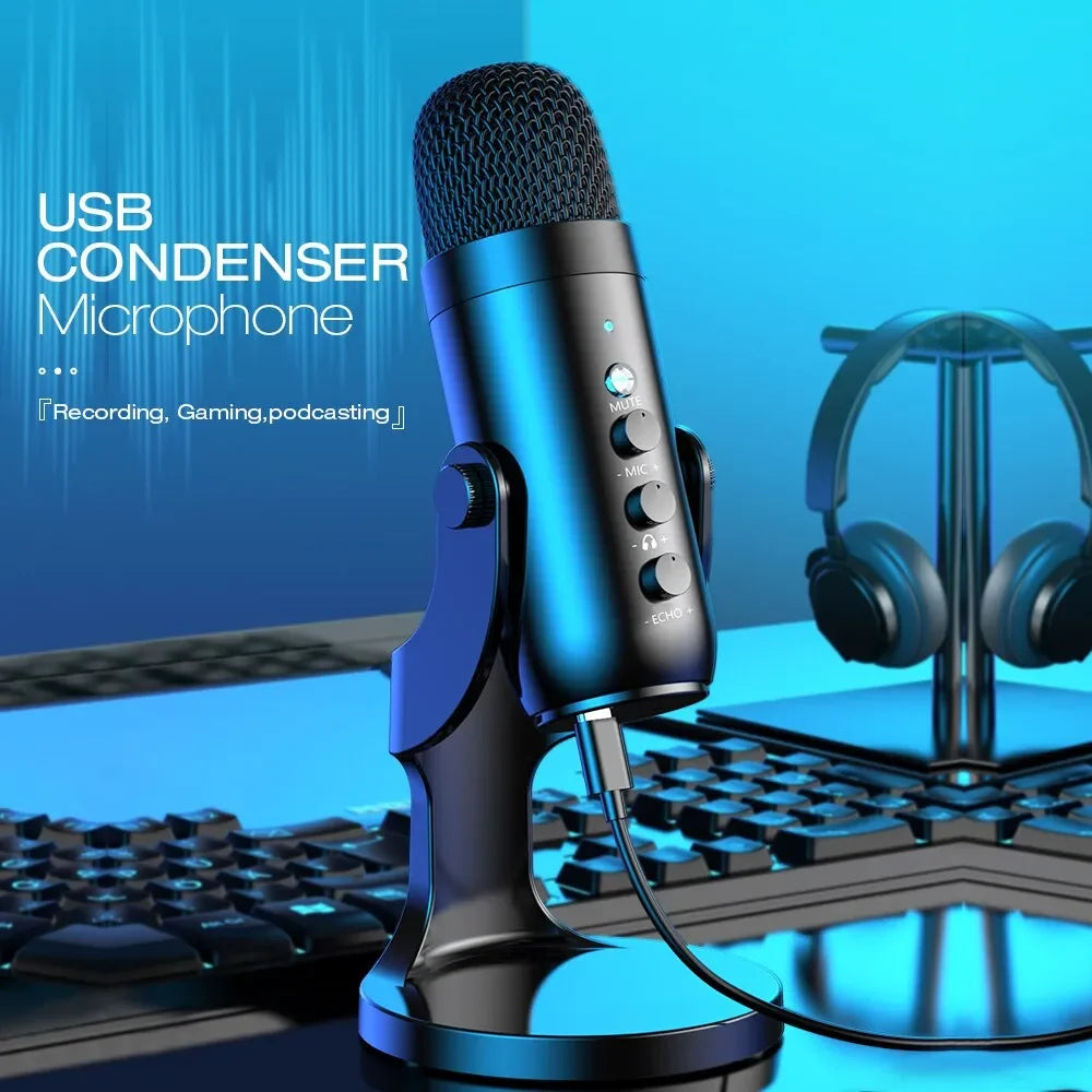 Professional USB Condenser Microphone for PC Mac Gaming Recording Podcasting AUX Black Microphone
