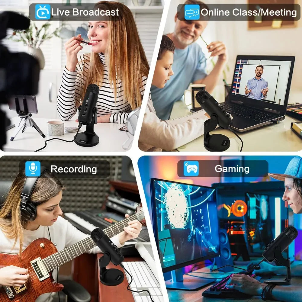 Professional USB Condenser Microphone for PC Mac Gaming Recording Podcasting AUX Black Microphone