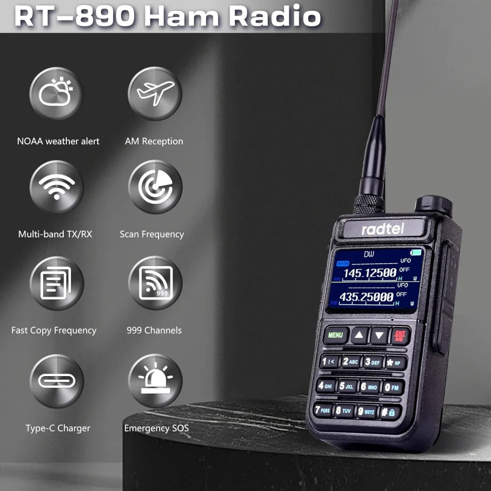 Radtel RT-890 Ham Radio 2-Way Walkie Talkie AM FM NOAA Marine Aviation Scanner EU Plug / Black Walkie Talkie