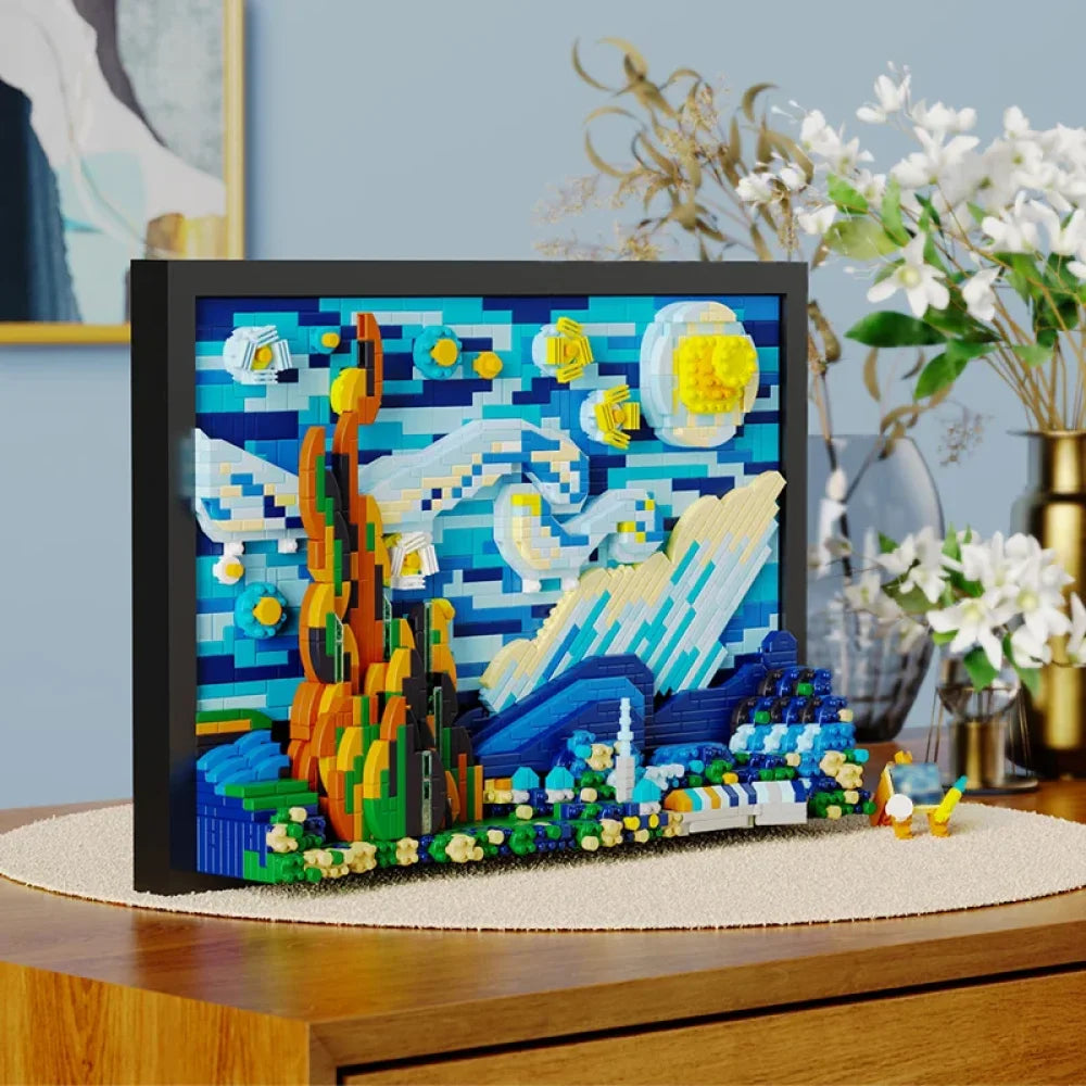 The Starry Night Building Blocks Model Van Gogh Display Micro Mini Build 1731PCS The Starry Night Building Blocks