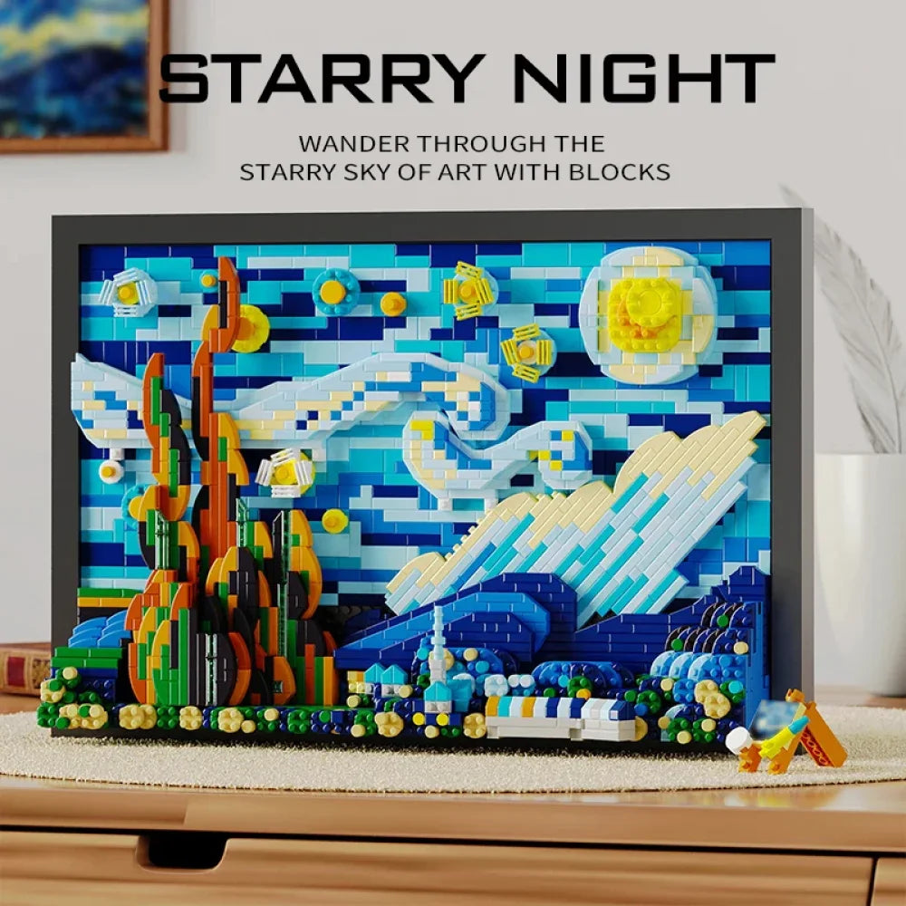 The Starry Night Building Blocks Model Van Gogh Display Micro Mini Build 1731PCS The Starry Night Building Blocks