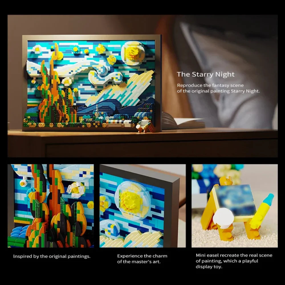 The Starry Night Building Blocks Model Van Gogh Display Micro Mini Build 1731PCS The Starry Night Building Blocks