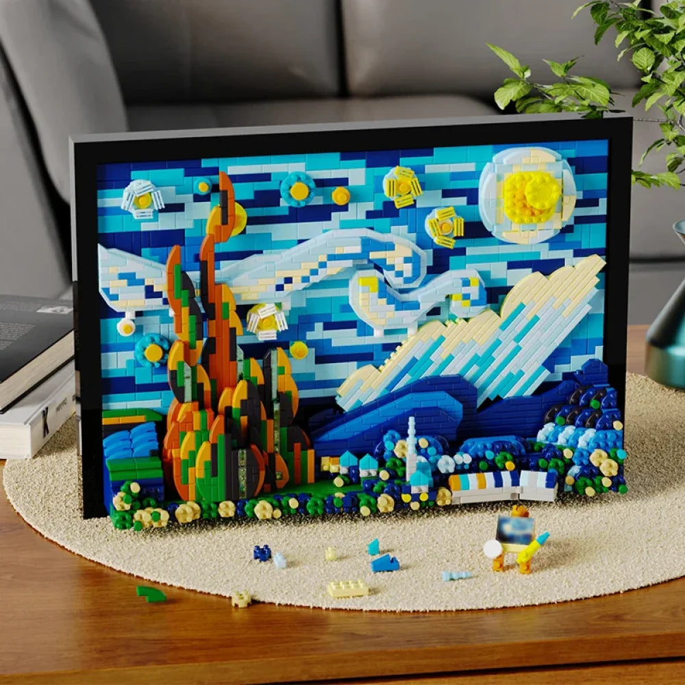 The Starry Night Building Blocks Model Van Gogh Display Micro Mini Build 1731PCS The Starry Night Building Blocks
