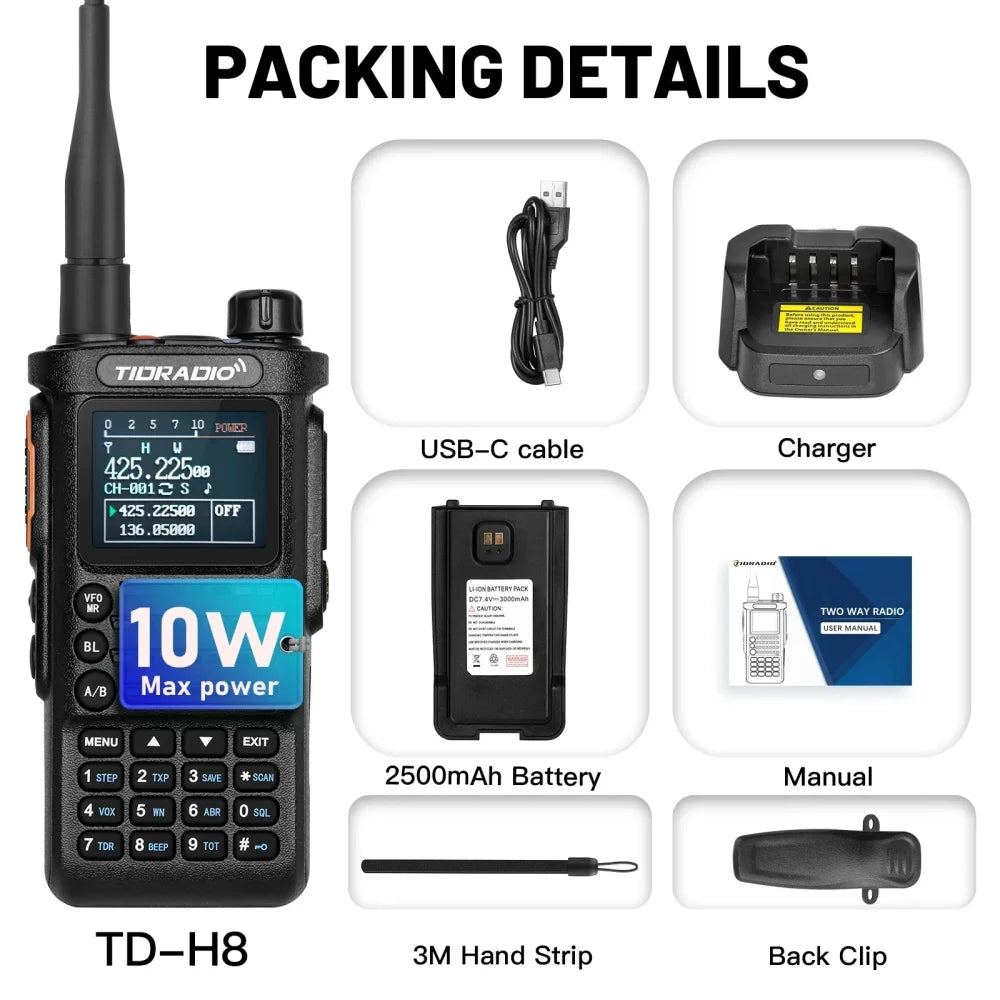 TIDRADIO 2nd Gen TD-H8 10W Professional Walkie Talkie Portable Long Range Radio Black Walkie Talkie